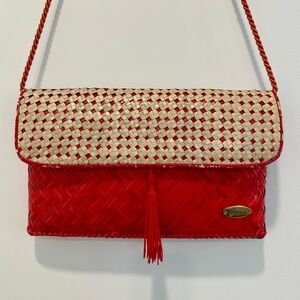 Vintage Gabriella Italian Red and Natural Woven Crossbody Bag with Tassel